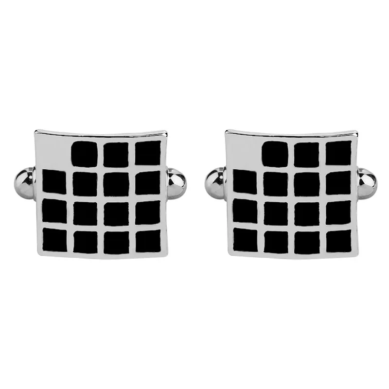 Men's Square Lattice Cuffinks Black Box Cuflink Silver Enamel Cuff Button Business Cuff Links Valentine's Gift for Husband