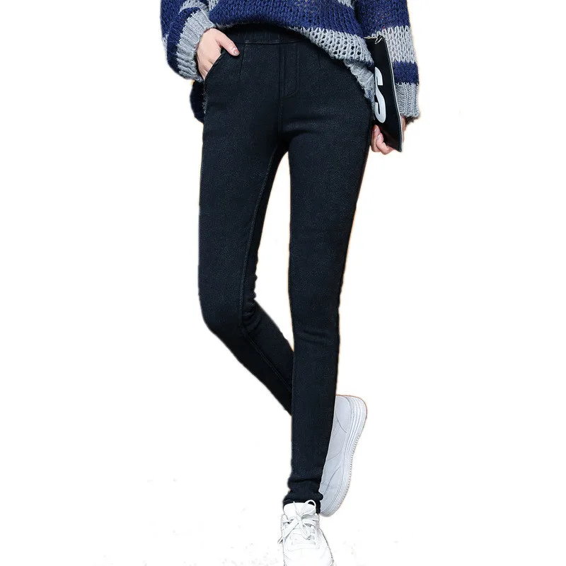 M-6XL Plus Size Winter Plus Velvet Thicken Stretch Skinny Imitation Denim Leggings Women Elastic Waist Black Pencil Pants C6669