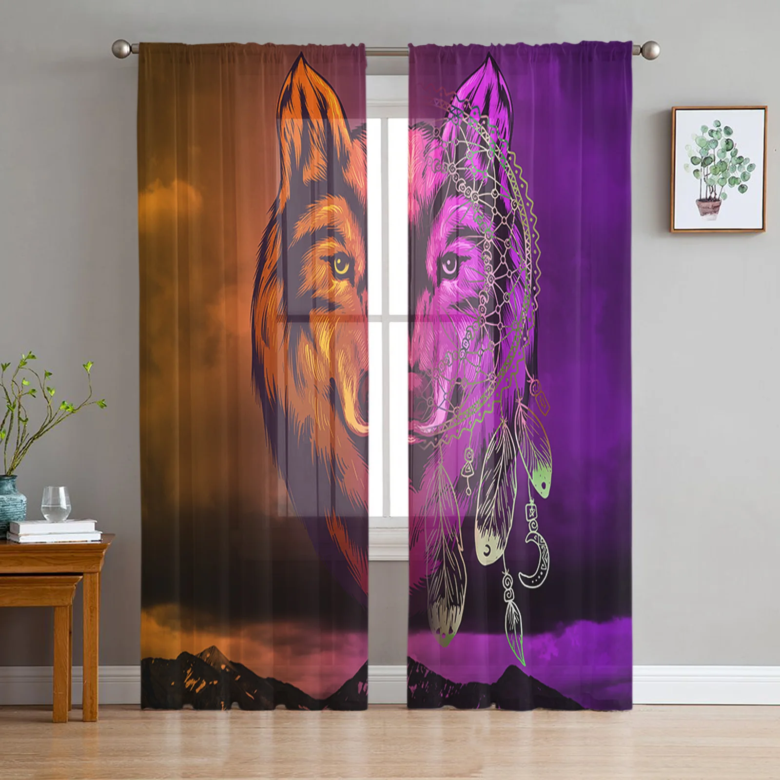 Gradient Wolf Dream Catcher Chiffon Sheer Curtains for Living Room Bedroom Home Decoration Window Voile Tulle Curtain Drapes