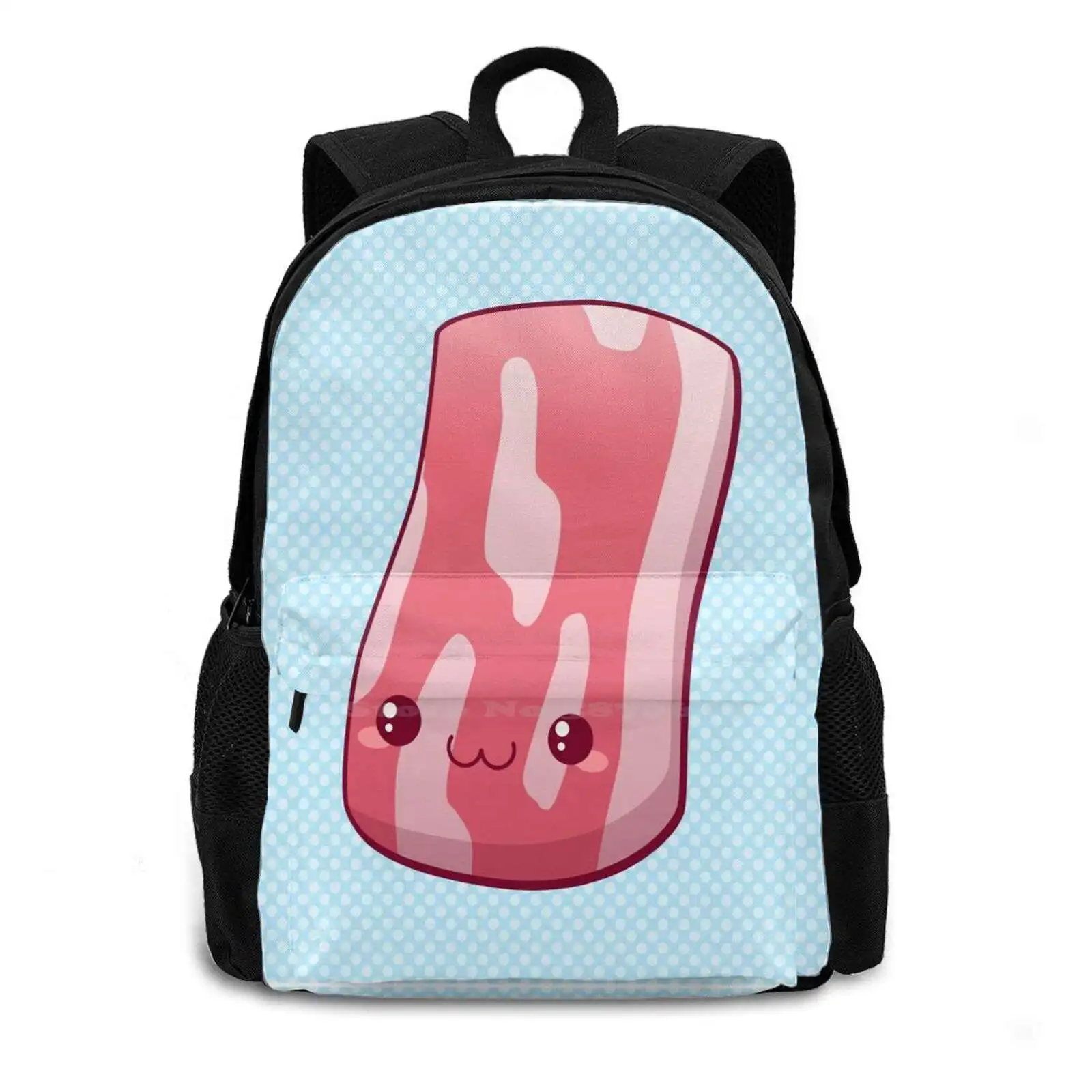 Bacon! Teen College Student Backpack Pattern Design Bags Bacon Meme Cute Kawaii Tasty Snack Meat Food Nom Katie White Breakfast