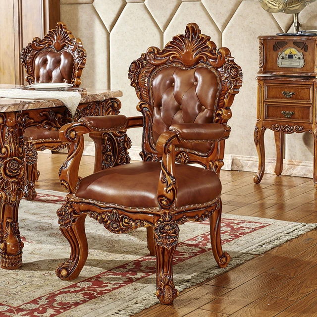 European style Leather Dining Master Chair Solid Wood Antique Dark Dining Chair Double sided Carved Villa Hotel Large Apartment AliExpress 1503