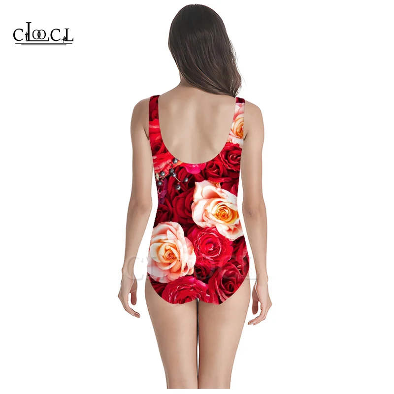 CLOOCL Summer Red Rose Flower 3D Print Girls One-piece Swimsuit Bathing Suit Sleeveless Slim Sexy Women's Fashion Swimwear