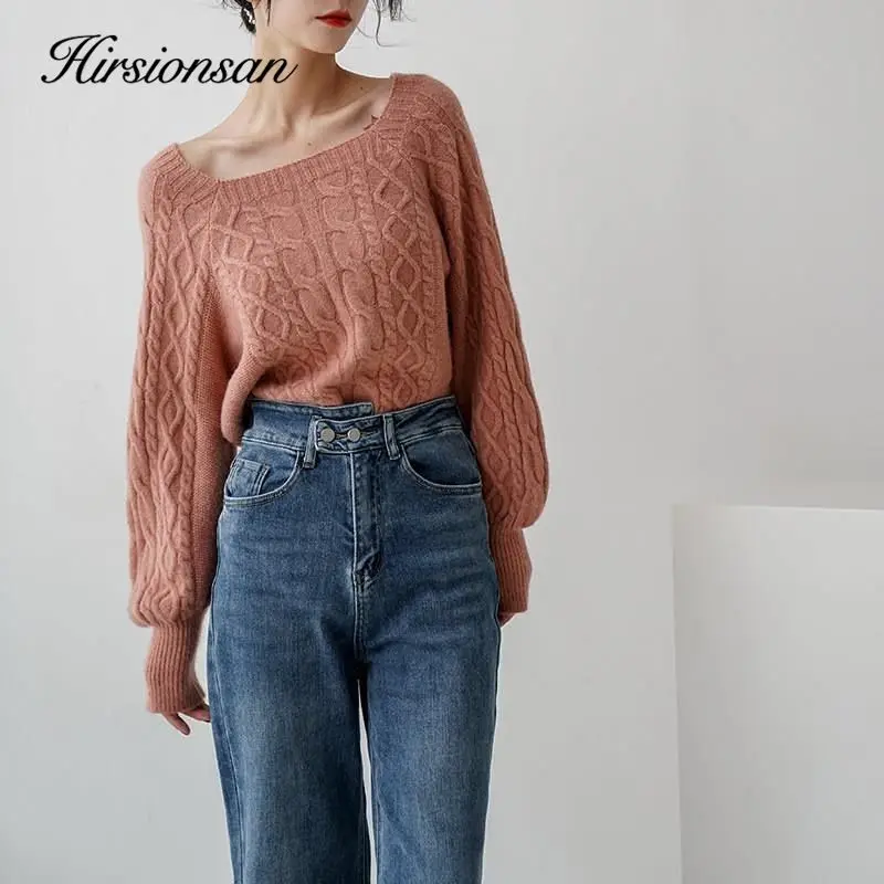 Hirsionsan Square Neck Short Sweater Women Elegant Chic Casual Knitted Pullovers Autumn Korean Soft Sexy Knitwear Female Jumper