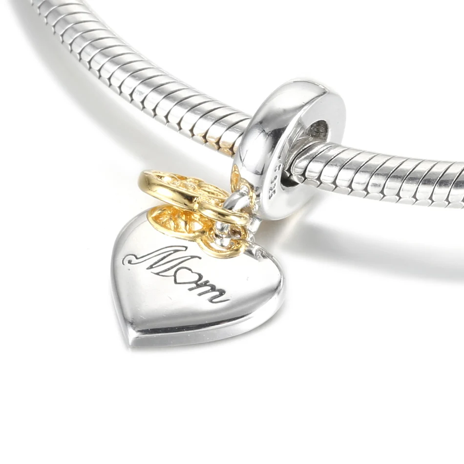 

S925 Silver Pendant Bead DIY Jewelry Two Tone Family Tree & Heart Dangle Charm fit Lady Bracelet Bangle Lady Gift