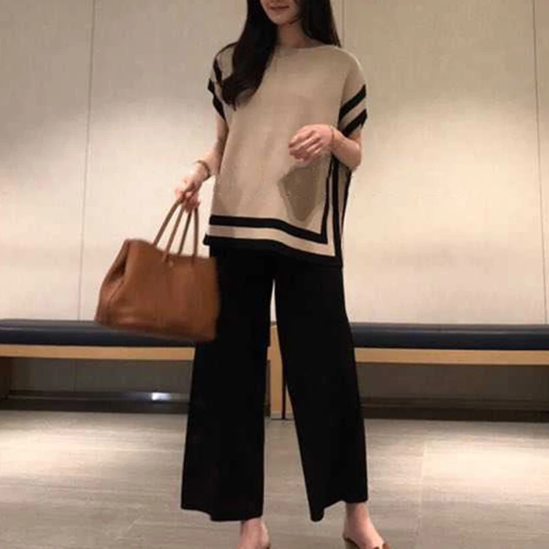 2024 New Women Sweater Pants Set Tracksuit Summer O Neck Hit Color Striped Knitted Thin Loose Pullovers + Wide Leg Trouser Suits