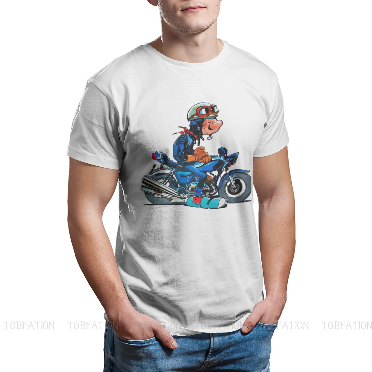 On Motercycle Fashion TShirts Gaston Lagaffe Comics Men Graphic Pure Cotton Streetwear T Shirt Round Neck Oversized