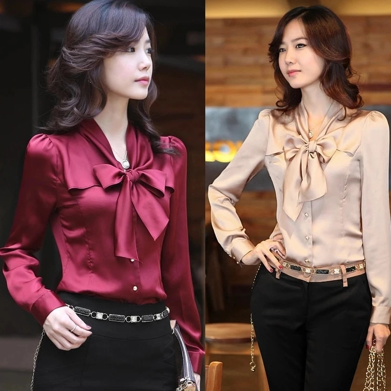 Elegant Fashion Satin Bow Shirts Women\'s Clothing 2022 Spring New Korean V-Neck All-match Office Lady Commuter Woman Blouses 5XL