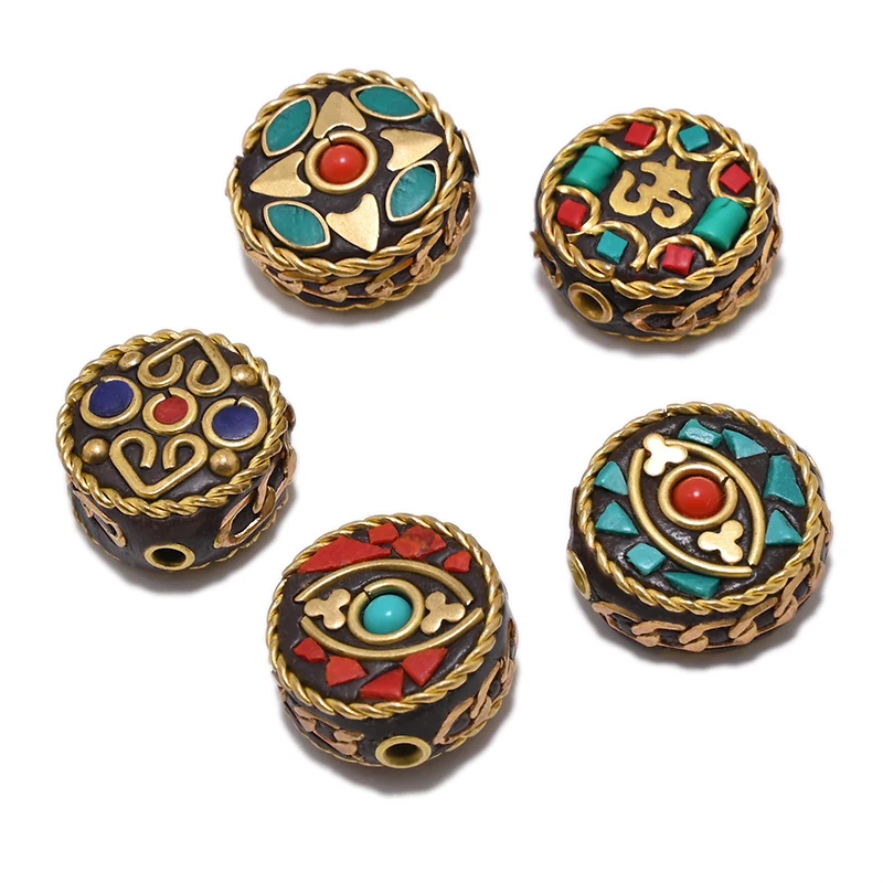 

TZ-G Retro Handmade Flat Round Nepal Beads Tibetan Letter Beads Antique Golden Red Clay For DIY Tibetan Jewelry Making