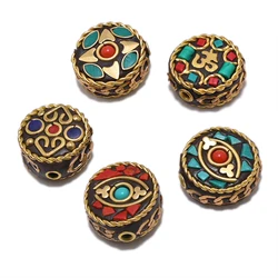 TZ-G Retro Handmade Flat Round Nepal Beads Tibetan Letter Beads Antique Golden Red Clay For DIY Tibetan Jewelry Making