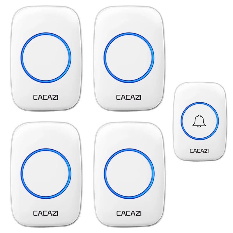 CACAZI Wireless Doorbell Waterproof DC Battery-operated 60 Chimes 5 Volume 0-110dB Home Cordless Door Bell 1 Button 4 Receiver