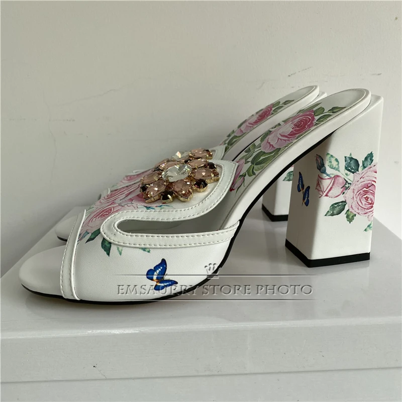 Print Butterfly-Flower Real Leather Sandals Women 10cm Square High Heel Open Toe Slingbacks Rhinestone Runway Mules