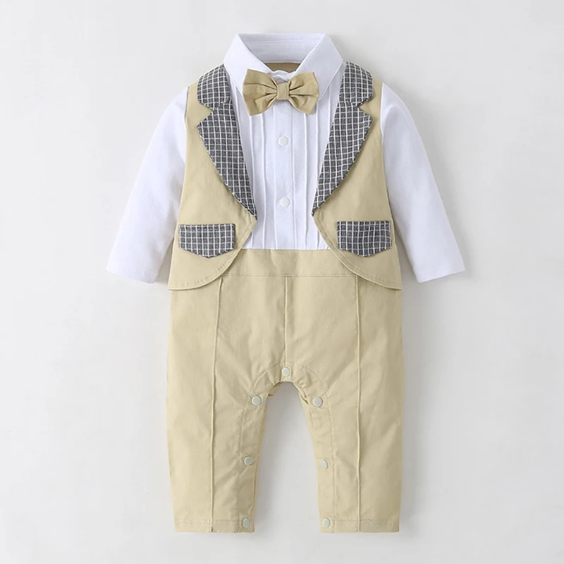 IYEAL Baby Clothes Boy Rompers Newborn Clothes Fake Two Pieces Bow Tie Gentleman Rompers Infant Clothes Baby Jumpsuits 3M~24M