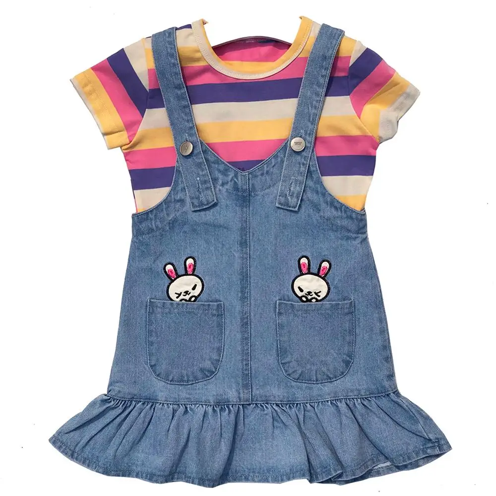 

2-6T Summer Fashion Baby Girls Clothes Toddler Kids Girls Clothing Set Rainbow Color Short Sleeve T Shirt and Denim Straps Dress