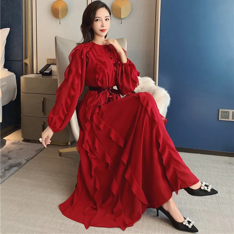 Fashion Vintage Ruffles Dress Women O-neck Long Sleeve High Waist A-Line Chiffon Dress Female Elegant Long Party Dress