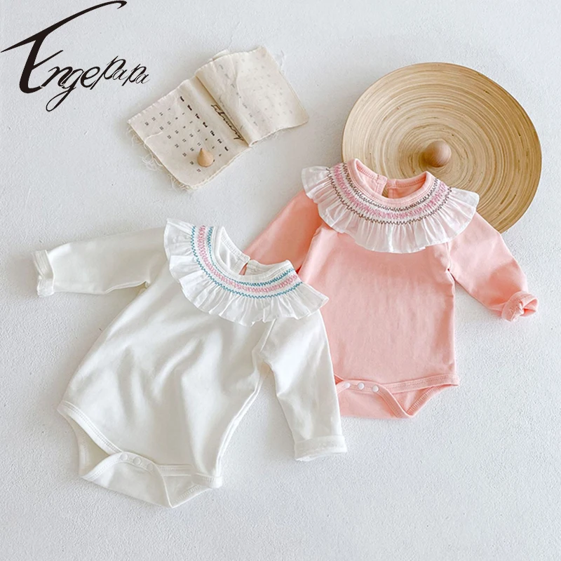 

Engepapa Autumn Infant Baby Girl Solid Color Bodysuits Toddler Sweet Lotus Lotus Collar Long Sleeves Jumpsuits Floral Bodysuit