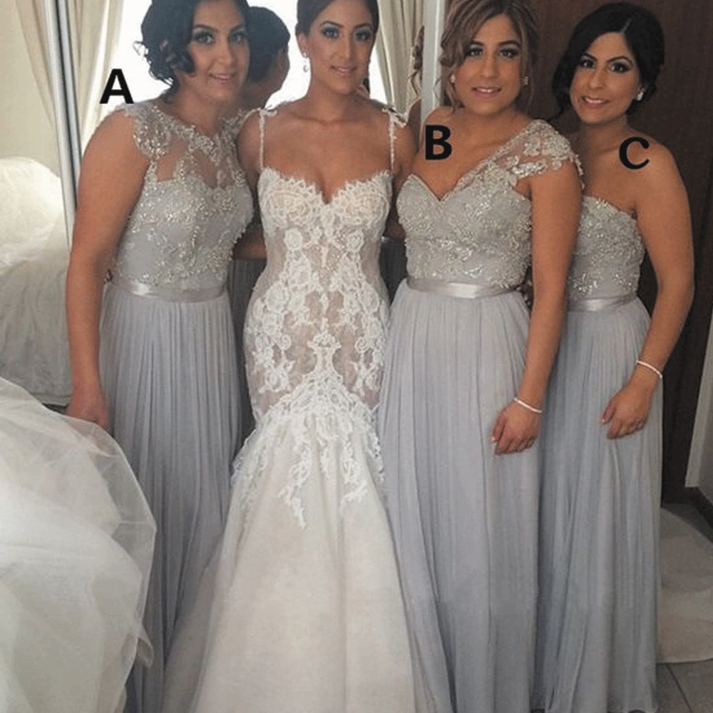 SuperKimJo Mismatched Bridesmaid Dresses Long Silver Lace Applique Beaded A Line Cheap Wedding Guest Dresses