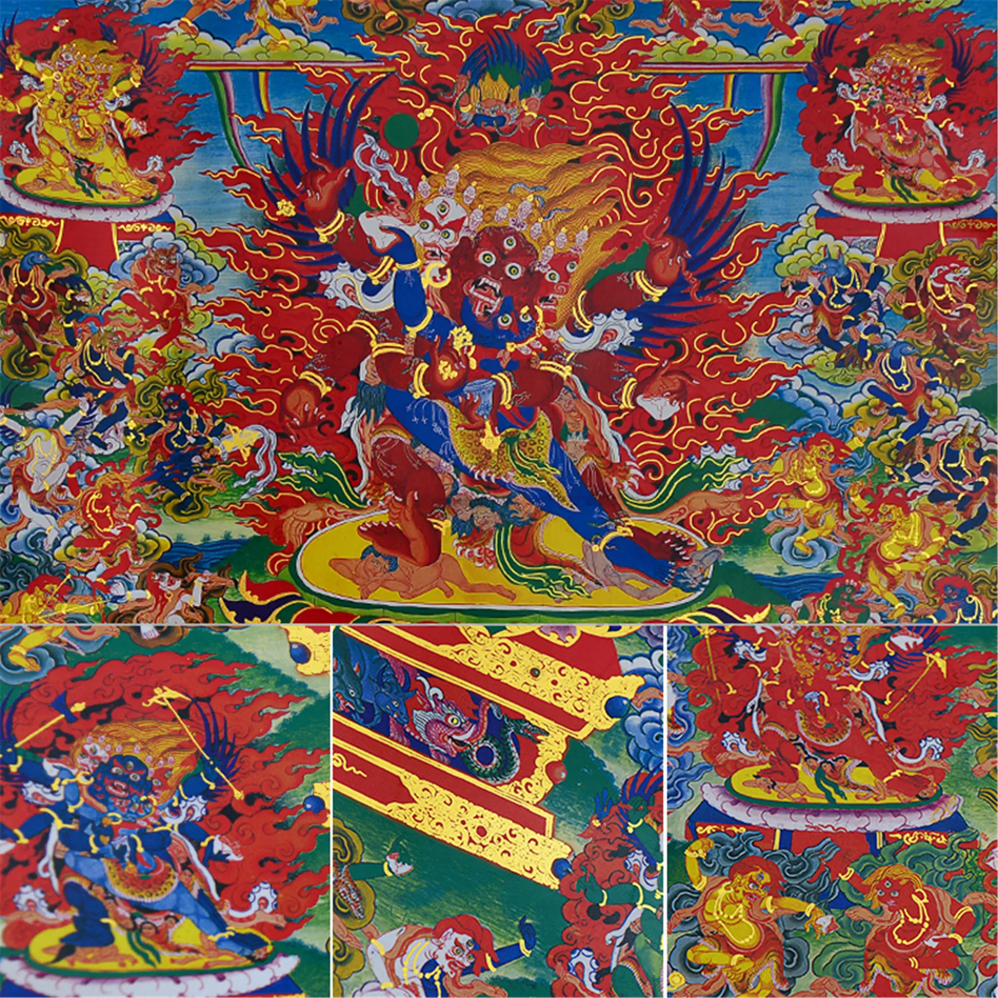 Gandhanra Bronzing Printed Thangka Art - 58 Wrathful Deities of the Bardo Thodol Thangka,Hand Framed Tibetan Buddhist Thangka