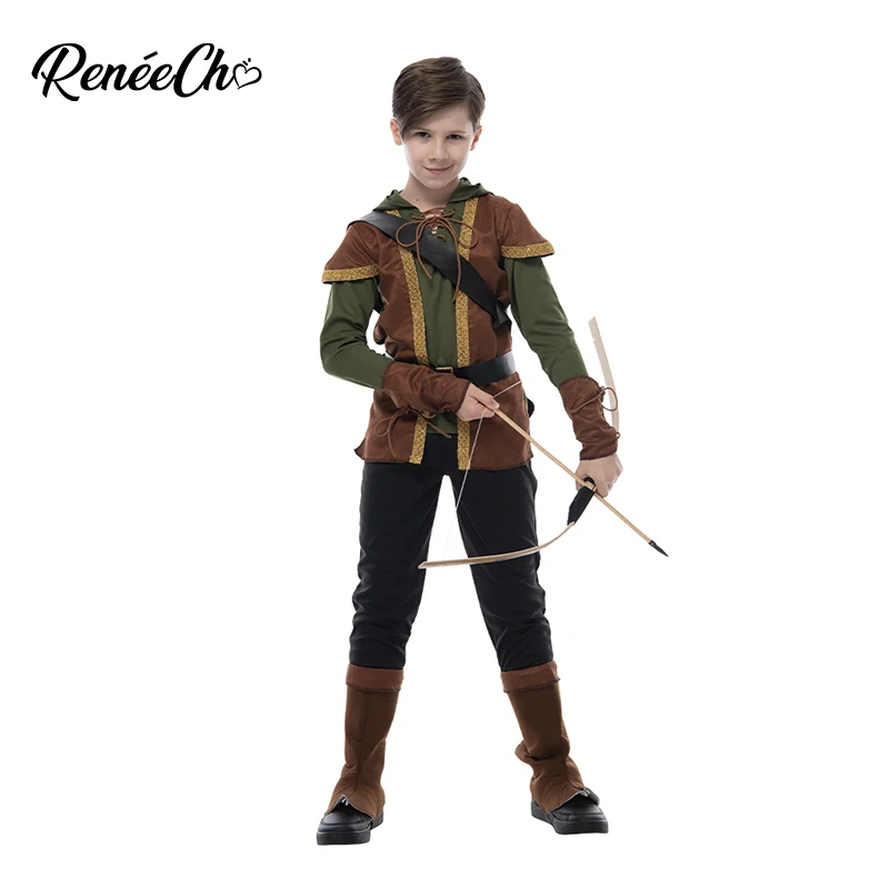 Reneecho Robin Hood Child Costume Boys Prince of Thieves Archer Costume Green Fancy Dress Halloween Costume Outfit