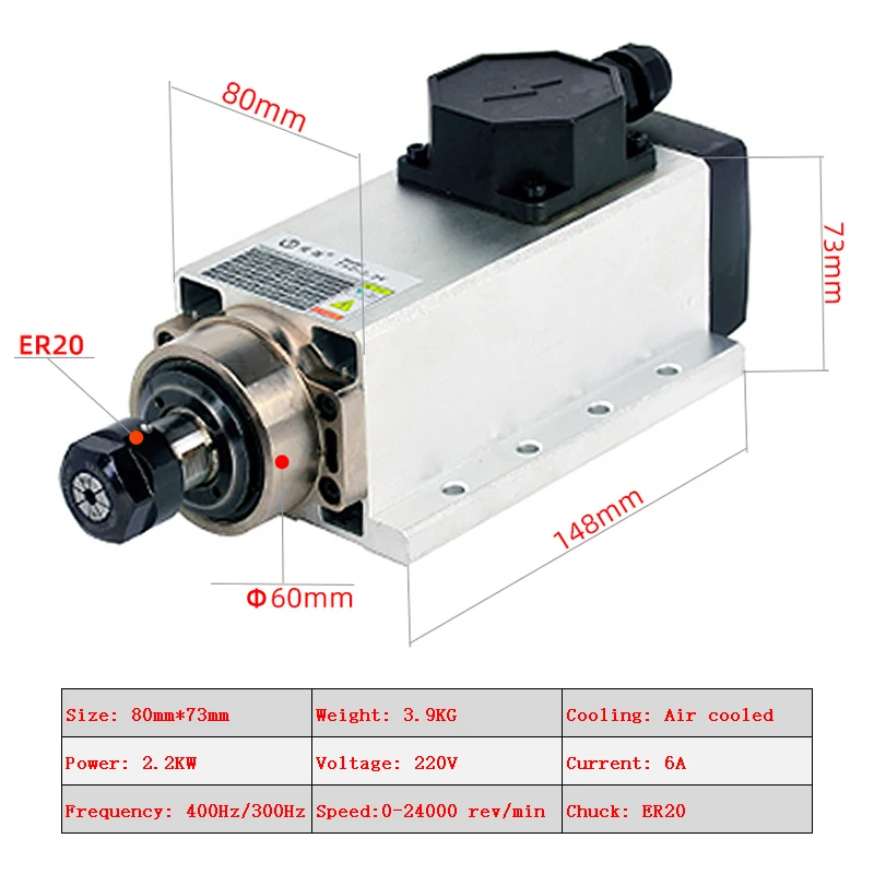 CNC Square Spindle 1.5KW ER11 2.2KW ER20 Spindle Motor 1500W 2200W Air Cooled Motor 24000RPM CNC Spindle Motor Machine Tool 220V