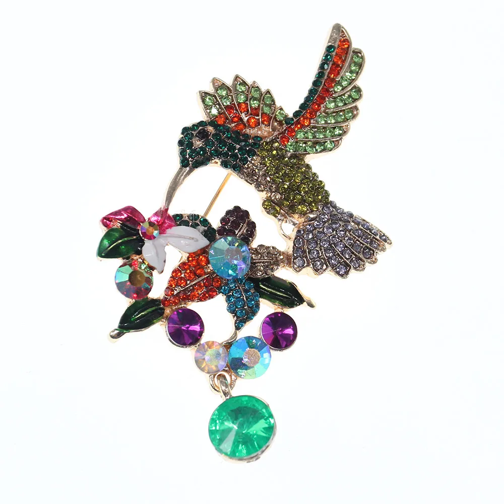

100pcs/lot 50mm Hummingbird With Flower Animal Bird Brooch Pin Green Crystal Rhinestone Brooches Wedding Brooch Pins