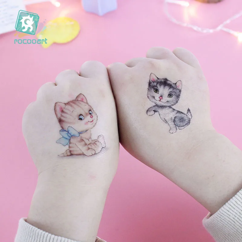 Rocooart del Cane Del Gatto Autoadesivo Del Tatuaggio Temporaneo Acquerello Animali Tatuaggi per le Donne Del Corpo di Arte del Bambino Delle Ragazze A Mano Falso Tatoo Carino Tatto