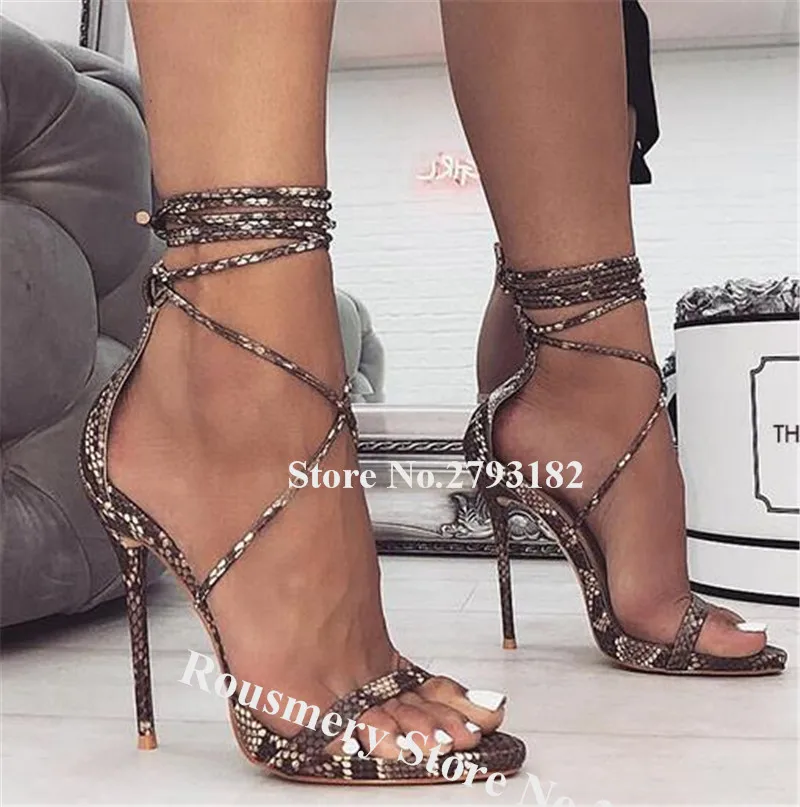 Women Fashion Open Toe Snake Leather Stiletto Heel Gladiator Sandals Lace-up One Strap High Heel Sandals Dress Heels