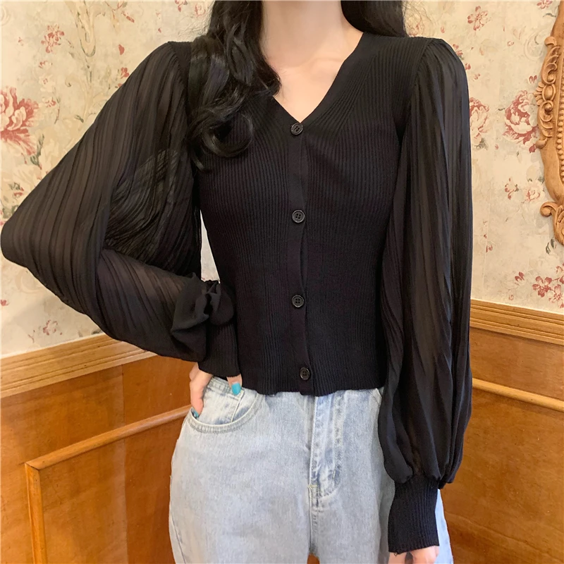 Stitching Knitted Fabric Cardigan Tops Mujer Blusas Female Korean V-neck Lantern Sleeve Chiffon White Black Button Up Shirt 1485