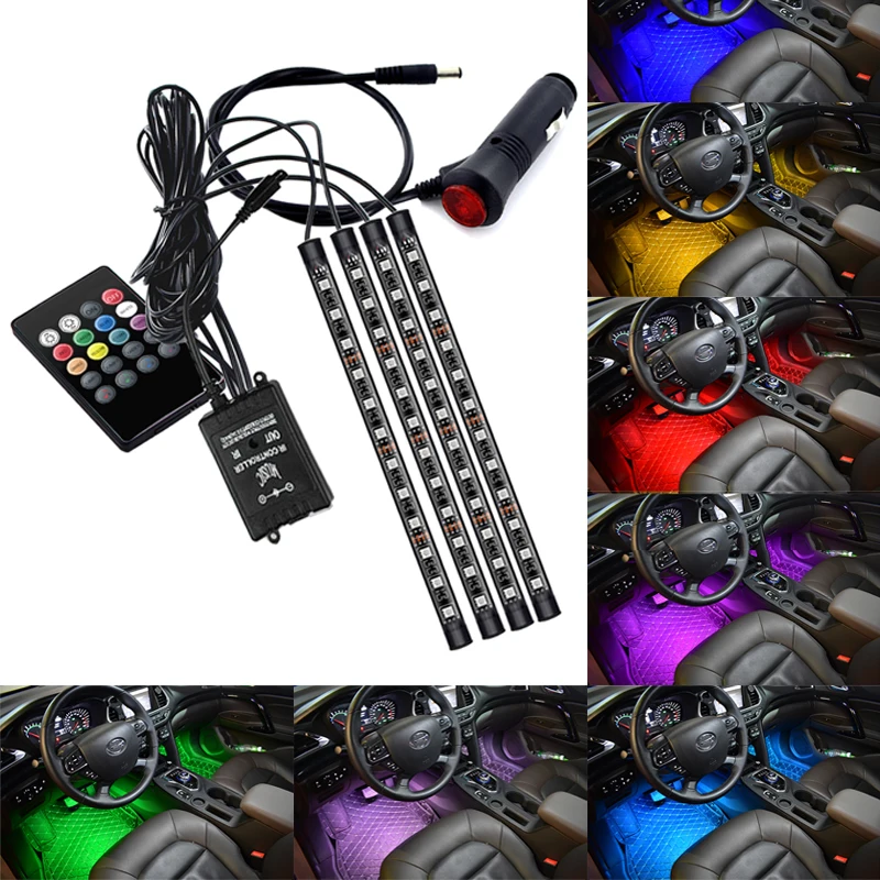 Car Interior Foot Floor Decoration Bulbs Atmosphere Lights RGB LED Strip Lamp USB Wireless Remote Music Control Multiple Modes