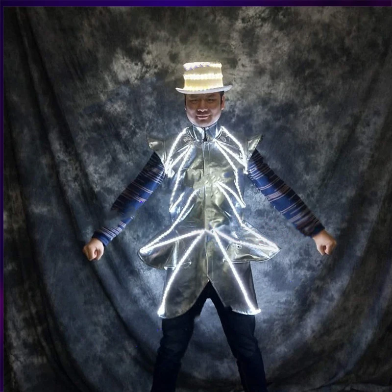 Singer performance wears dress luminous jacket Future technology space show light up costume men led robot suit suit glowing hat