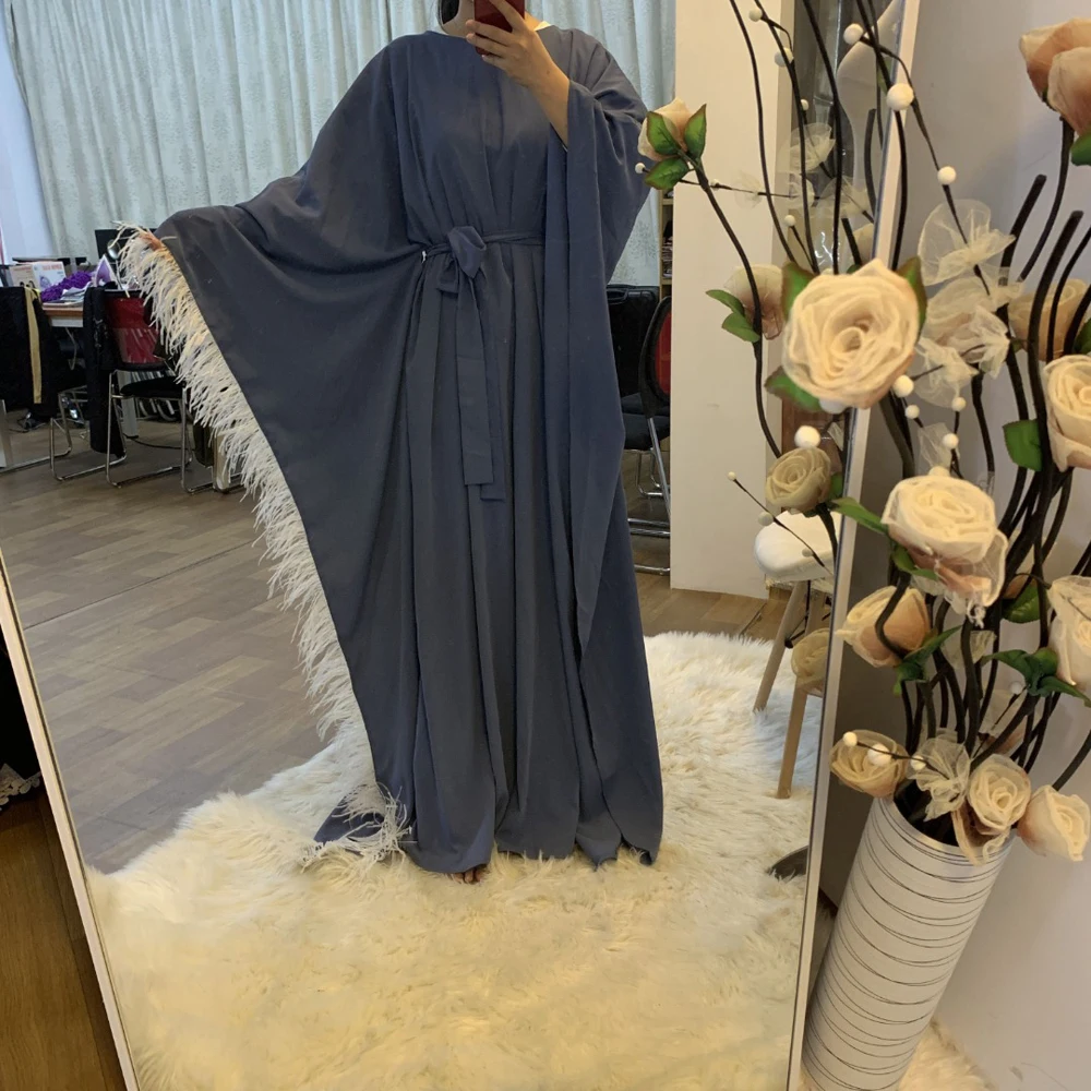 Ramadan Eid New Design Abaya Shinny Abaya Dubai Style Muslim Women Dress with Feather Sleeve Islamic Modest Comfortable Clothing