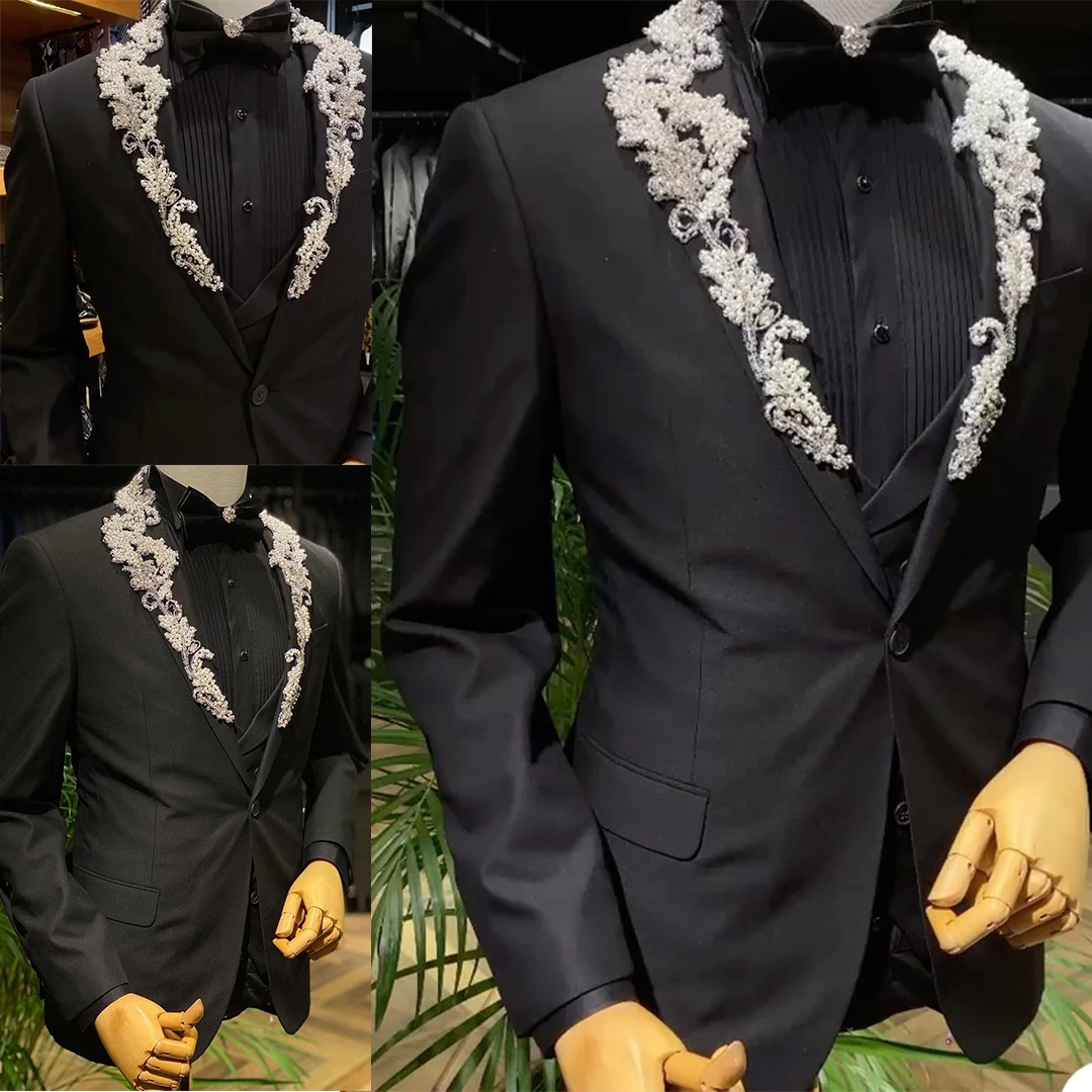 ชุดบุรุษสีดำ Applique Slim Fit Blazer 2Pcs เจ้าบ่าวแต่งงาน Party Prom Custom Made Tuxedos แจ็คเก็ต