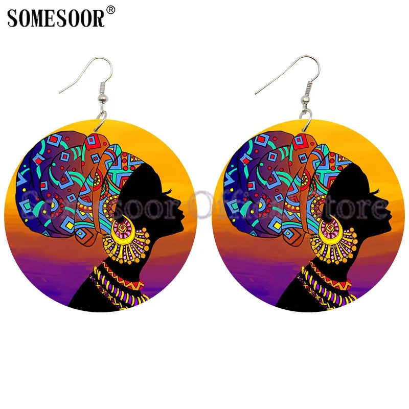 SOMESOOR Afro Queen Headwrap Printed Natural Wooden Drop Earrings Tribal Ethnic Culture Arts Pendant Dangle Jewelry For Women