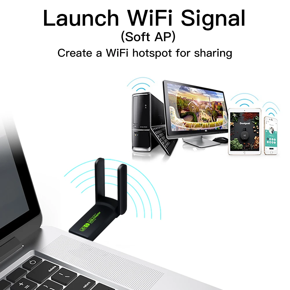 USB Wi-Fi адаптер, 1200 Мбит/с, два диапазона, 2,4 ГГц