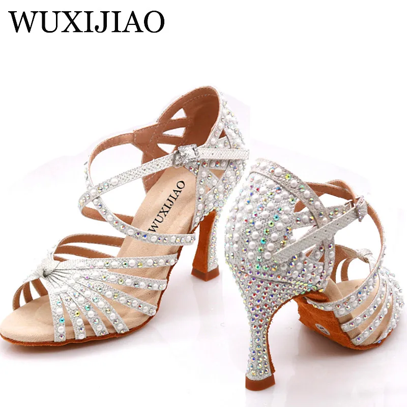 WUXIJIAO Pearl rhinestone Latin dance shoes indoor sports dance shoes comfortable soft bottom salsa many colors to choose