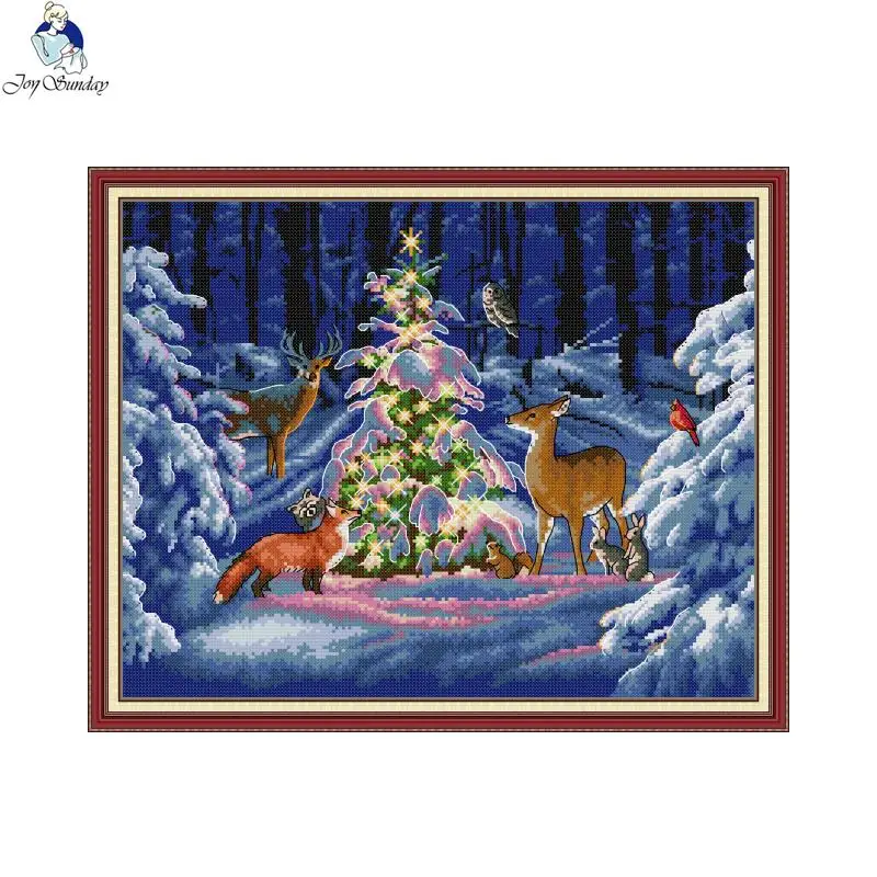 Joy Sunday Christmas Lights Cross-stitch Elk and Tree Pattern Embroidery Set 11CT 14CT Counted Canvas Needlework DIY Kit Gifts