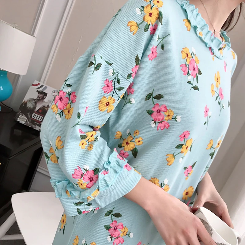 Sleepwear Nightgowns Pyjama Floral Print Spring Summer Cotton Night Dress Princess Style Loose Lounge Wear Fresh Color Female