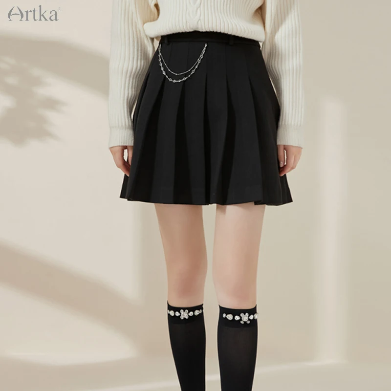 ARTKA 2025 Early Autumn New Women Skirt Fashion High Waist A-Line Pleated Skirts Black Chain Short Skirt Female QA20013D