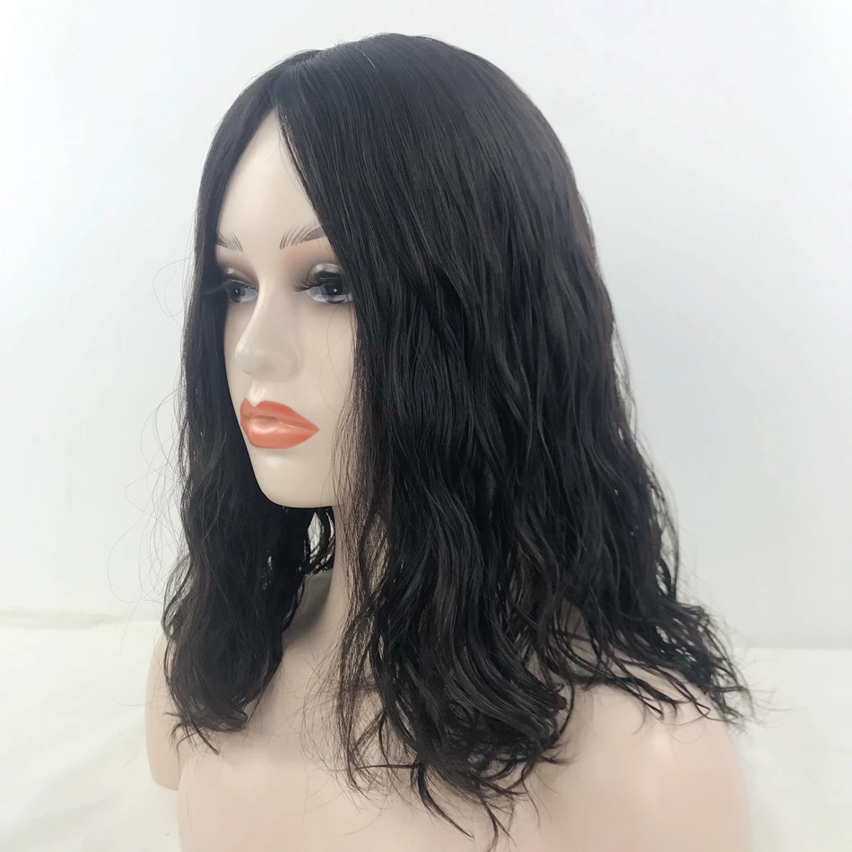 Wavy Style Shoulder Length Kosher Wigs 100% Remy Human Hair Jewish Wig Middle Part #1B Natural Color Sheitel