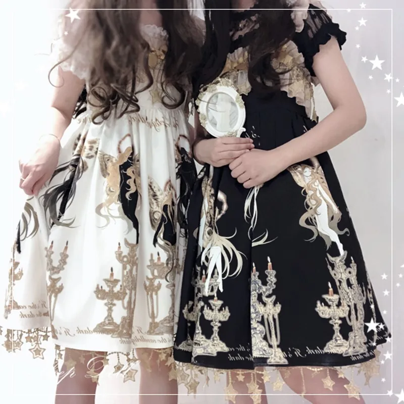 Sweet lolita strap dress vintage bowknot cute printing high waist princess victorian dress kawaii girl gothic lolita cos  loli