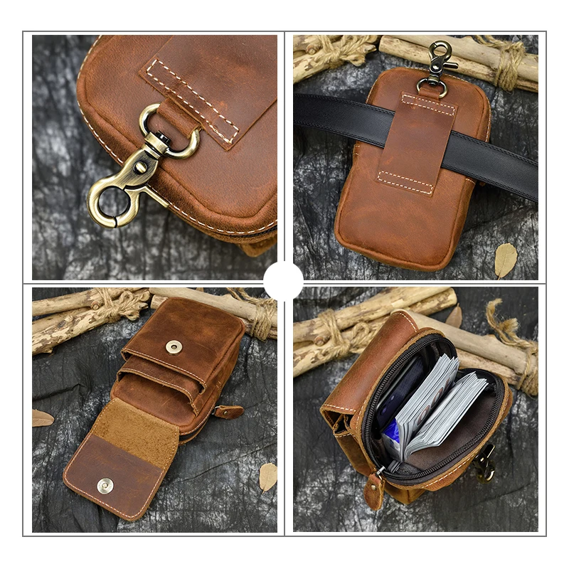 Luufan Vintage Fashion Genuine Leather Belt Pouch With metal buckle Wear On Jeans Cowskin Phone Pouch Leather Waist Bag For Men