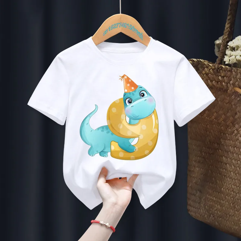 Cute Cartoon Dinosaur Birthday Number 1-10th Fixed printing Baby Kid Customer T-shirt Children Birthday Girl Present Clothes