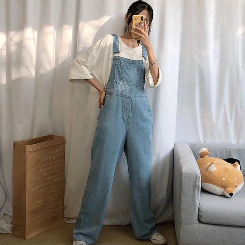 Women Jumpsuits Korean Style Loose Straight Denim Wide Leg Trousers College Ulzzang Chic Mopping Cozy Streetwear Slim Overalls