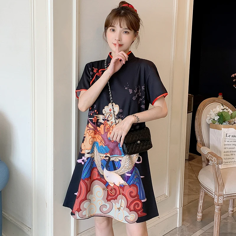 Plus Size M-4XL Fashion Modern Trend Cheongsam Dress for Women Summer Black Short Sleeve Qipao Traditional Chinese Clothing