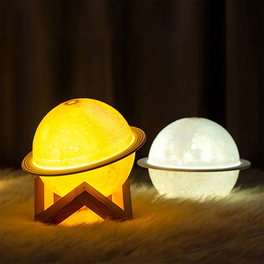 Humidificador de luz de Planeta de sobremesa, ambiente LED, espray de aire nocturno pequeño con marco de madera para imprimir logotipo, sensación del hogar