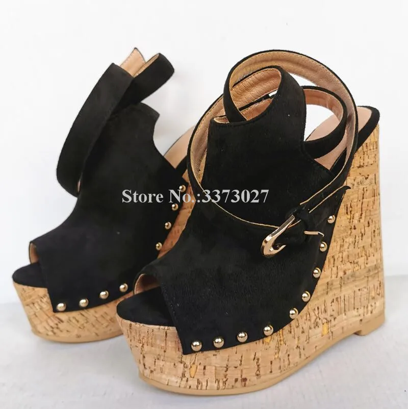 New Design Denim Platform Wedge Sandals Women Sexy Peep Toe Ankle Strap Rivets Gladiator Sandals Lady Real Photos Jeans Sandals