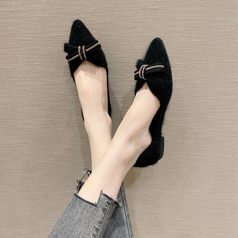 Furry Flats for Women Solid Color Bowknot Black Flat Heel Shoes Soft Sole Pointed Toe Size 32 33 34 44 45 46 Winter Flats Ladies