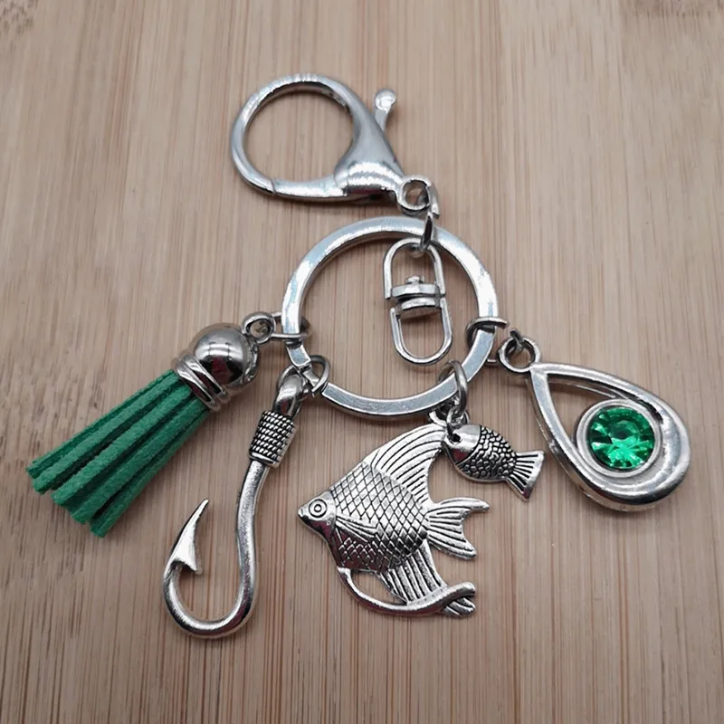 New fish hook couple fishing key chain water drop birth stone tassel key ring fish hook jewelry father\'s day gift friend gift