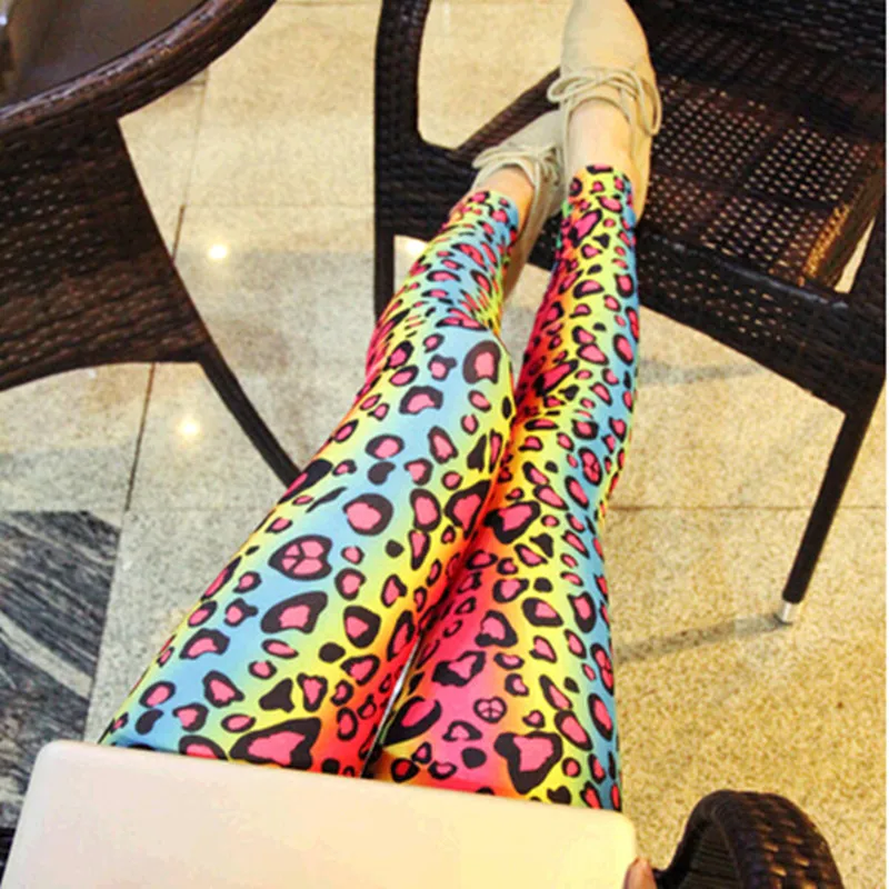 Fashion Personality Women\'s Leggings Spandex Rainbow Gradient Colourful Leopard Print Thin Elasticity High Waist Pants