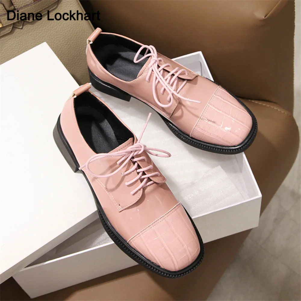 2024 Wiosenne buty damskie Oxford Shoes Pu Leather Lace Up Casual Shoes Platform Work Shoes Pink Brown Black Flats zapatos mujer