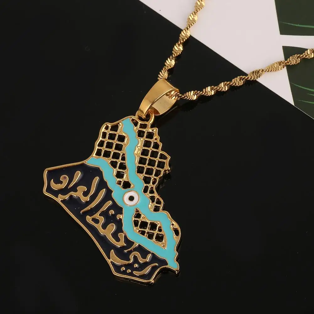 Iraq Map Pendant Necklaces for Women Men Muslim Iraqi Blue Eye Islam Jewelry